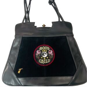 Vintage Black Leather/Velvet Purse ♥︎ Celestial Moon Patch & Rhinestone Bee